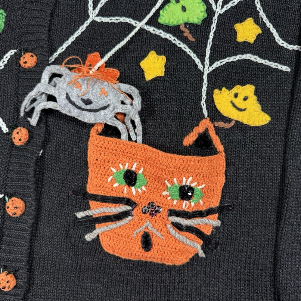 Halloween Cardigan Sweater Women's Large Black Spiders Ghosts Pumpkin Tiara Int - Picture 5 of 9